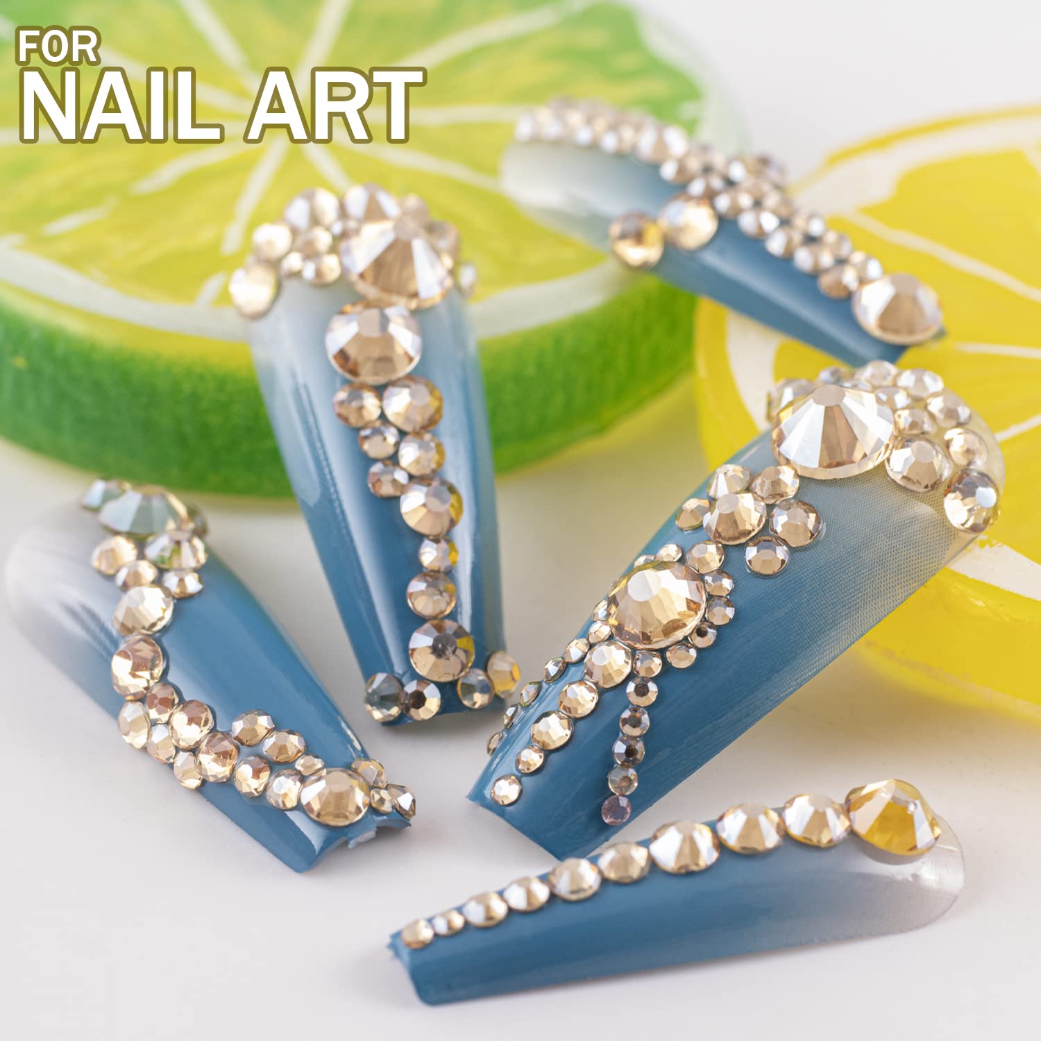 One Pack 2000 Pcs of Flatback Round Champagne Rhinestones 6 Sizes (1.5-6 mm) with Nail Art Rhinestone Picker Pencil and Tweezer for DIY and Salon Use-Velvo Beauty