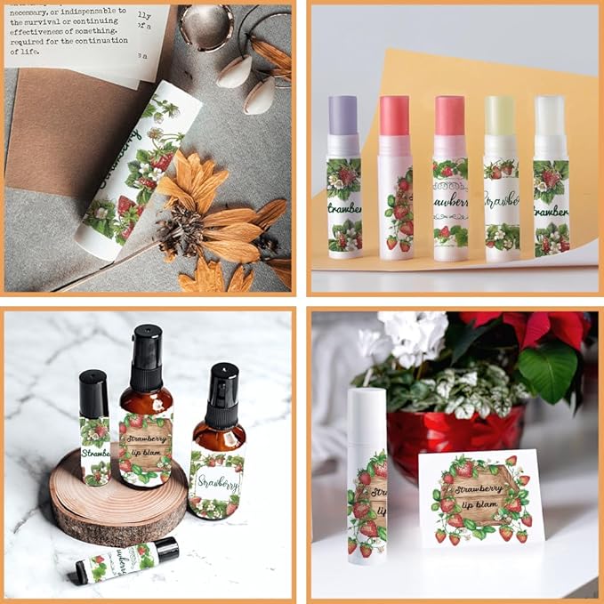 OLYCRAFT 100Pcs Self-Adhesive Lip Balm Tag Stickers 2.1x1.7 inch Waterproof Adhesive Label with Strawberry Rectangle Lipstick Tag Sticker for Lip Balm Container Tubes Lipstick Wrapping Decoration-Velvo Beauty