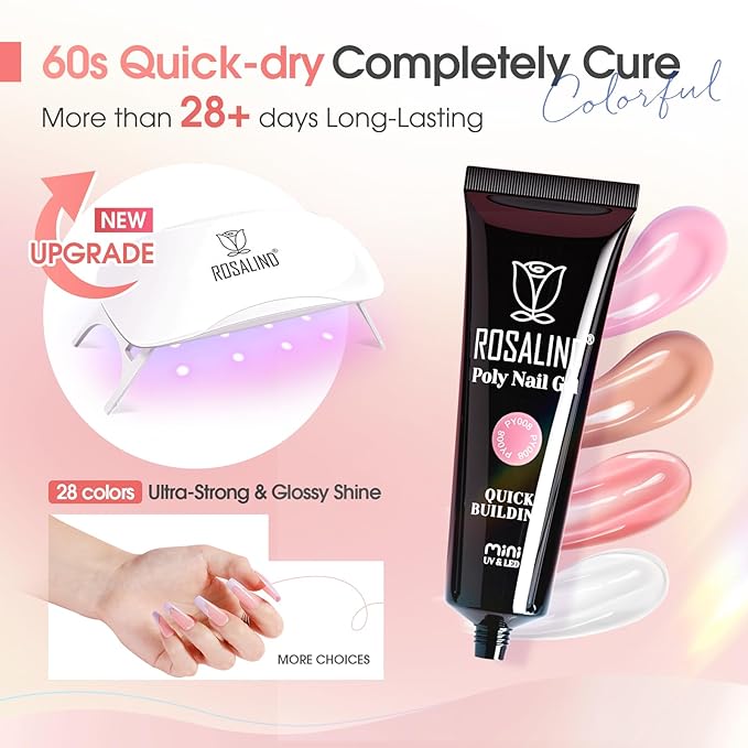 ROSALIND 28 Colors Poly Nail Gel Kit with Mini U V/LED Lamp White Nude Poly Nails Gel Kit Starter Kits With Slip Solution Pink Extensions Set for Nail Manicure Beginner-Velvo Beauty