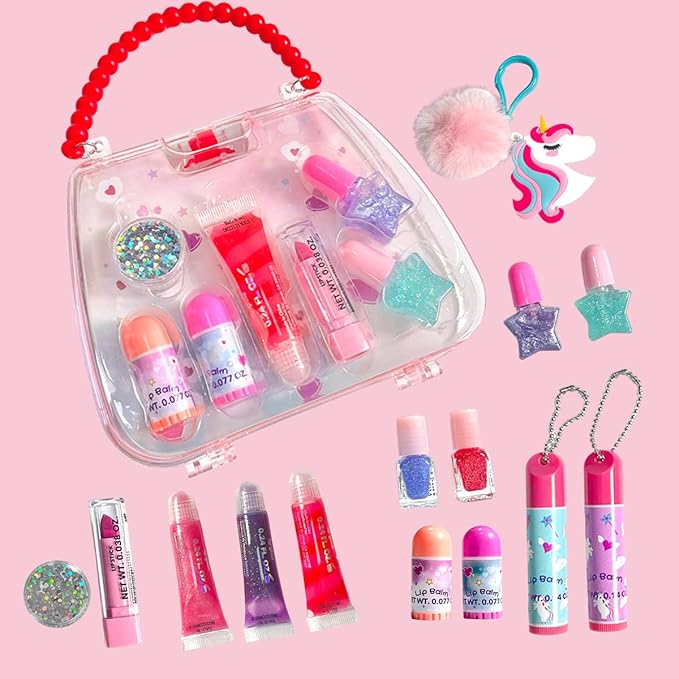 M&U 13Pcs Lip Balm and Nail Polish Gift Set for Kids Age 6-12, Abssorted Favors Moisturizing Lip Care Balm Tubes for Girls and Women, Washable Real Makeup Safe & Non-Toxic-Velvo Beauty