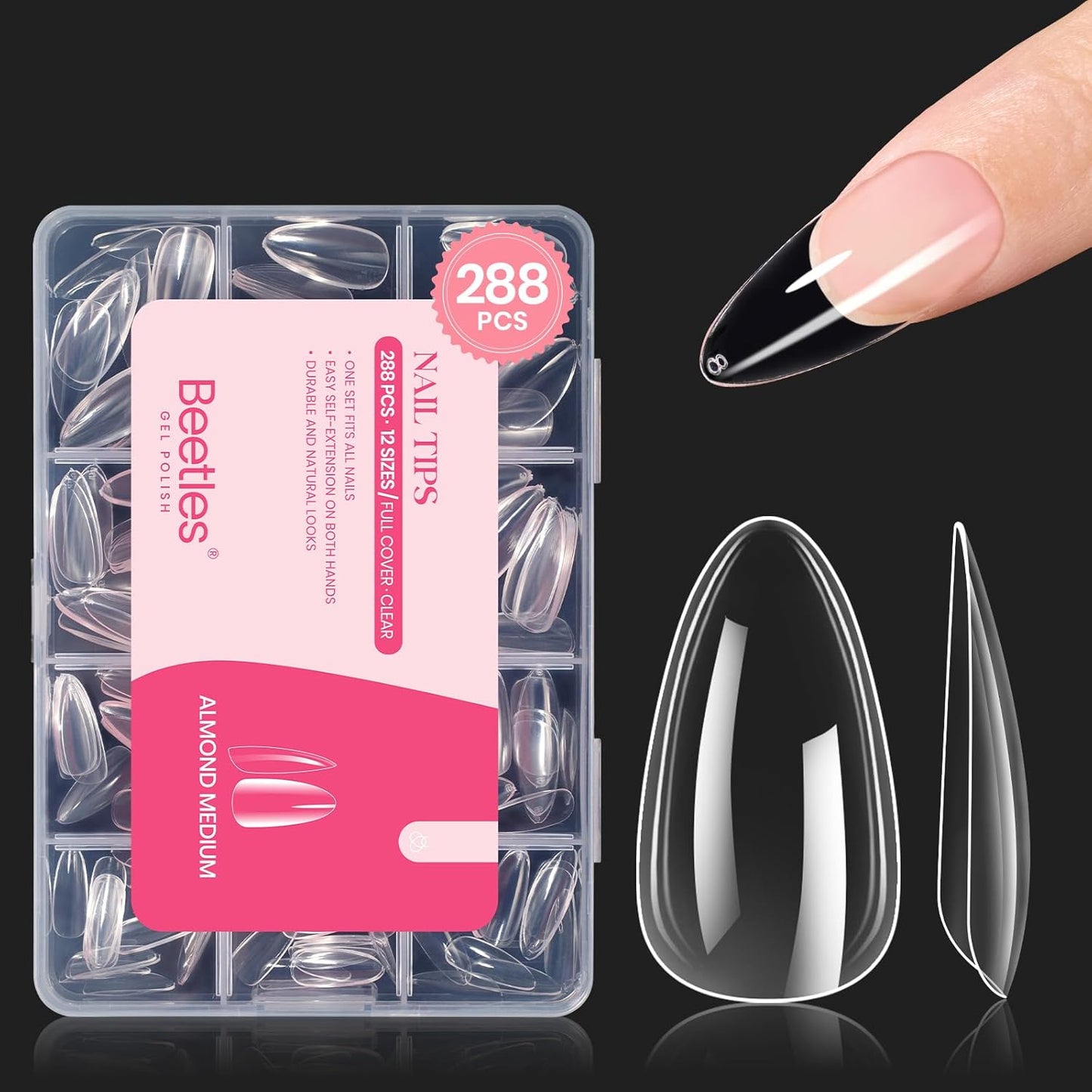 Beetles Gel Nail Tips Clear, Almond Medium, 288Pcs 10 Sizes, Pre-shaped Full Cover Soft Acrylic False Press On Nail Tips Almond Shape Easy Home DIY Fall Fake Nail Extension Art Salon Gift for Women-Velvo Beauty
