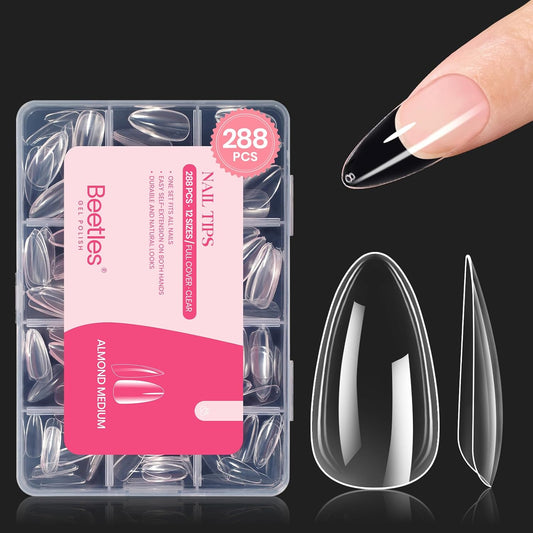 Beetles Gel Nail Tips Clear, Almond Medium, 288Pcs 10 Sizes, Pre-shaped Full Cover Soft Acrylic False Press On Nail Tips Almond Shape Easy Home DIY Fall Fake Nail Extension Art Salon Gift for Women-Velvo Beauty