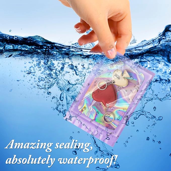 ANZNKU 100 Pcs Smell Proof Mylar Resealable Bags, Holographic Packaging Bags, Resealable Odor Foil Pouch Zip Bag with Clear Window for Food Storage and Lipgloss, Jewelry Lash (Purple, 5.5 x 7.9 Inch)-Velvo Beauty