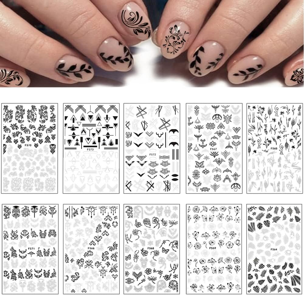 10 Sheets Black White Leaves Flower Nail Art Stickers 3D Self-Adhesive Retro Floral Vine Pattern Nail Decals Tropical Plants Mandala Leaf Geometry Transfer Decals Nail Art Decorations for Women Girls-Velvo Beauty