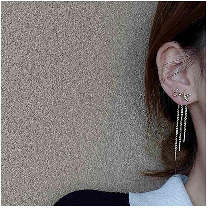 Boho Star Ear Jacket Earrings Gold Thin Bar Tassel Earrings Long Drop Chain Earrings Two Way Double Sided Earrings Jewelry for Women and Girls-Velvo Beauty