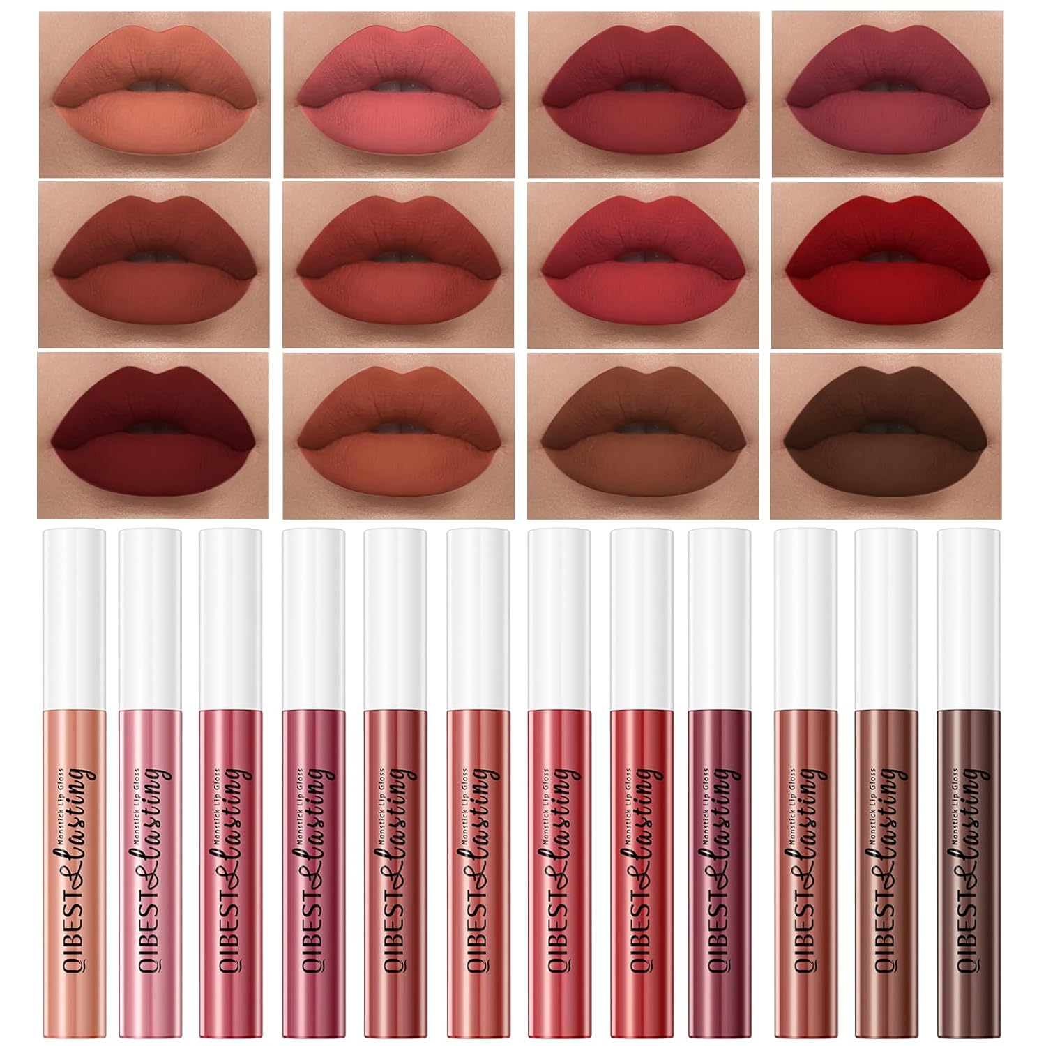 12Pcs Matte Liquid Lipstick Set for Girls & Women, 24 Hours Long Lasting Waterproof Nude & Dark Red Lip Gloss Makeup Kits, Velvet Non-Stick Cup Mate Duracion 24 Horas Originales Lip Stains (Set 01, 1)-Velvo Beauty