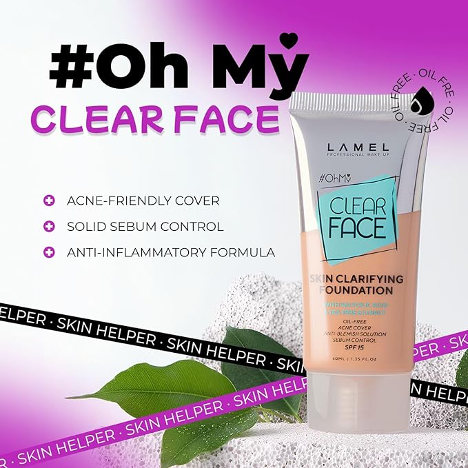 Lamel- Oh my Clear Face Foundation-405 Buff Beige | Contains tea tree extract and salicylic acid |Controls sebum production |Anti-blemish formula |Oil free foundation | 40ml-Velvo Beauty