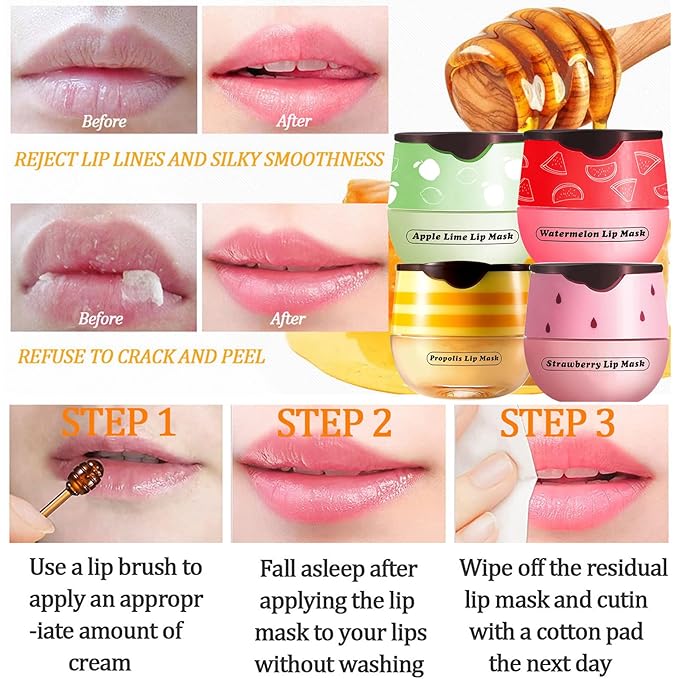 Honey Lip Balm Pot, 3 Pcs Honey & Strawberry & Watermelon Lip Mask Propolis Lip Mask Moisturizing Hydrating Prevention Dry and Cracked Lip Scrubs Exfoliator-Velvo Beauty