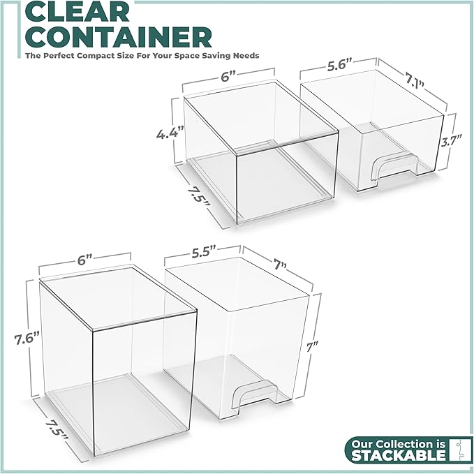 Sorbus Acrylic Storage Containers - 2 Pack, Stackable Storage Bins Set for Bathroom Organization - Clear Acrylic Drawer Organizers - Makeup Case Pull-Out Drawers (7.6’’ and 4.4’’ Tall)-Velvo Beauty