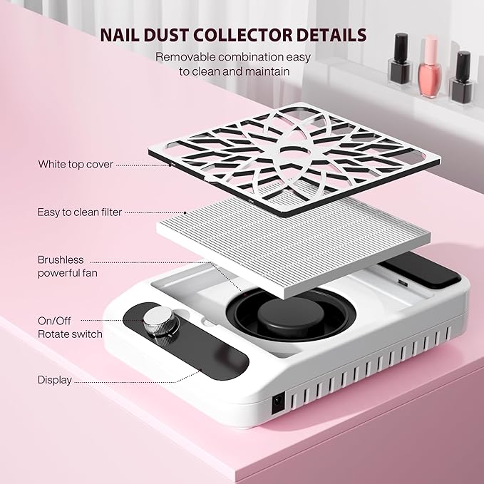 Nail Dust Collector for Nail Techs,Compact & Quiet Vacuum Fan Dust Collector with Reusable Filter, Powerful Dust Suction Machine,Nail Tech Must Haves for Gel Polish,Pedicures,Salon & Home Use-Velvo Beauty