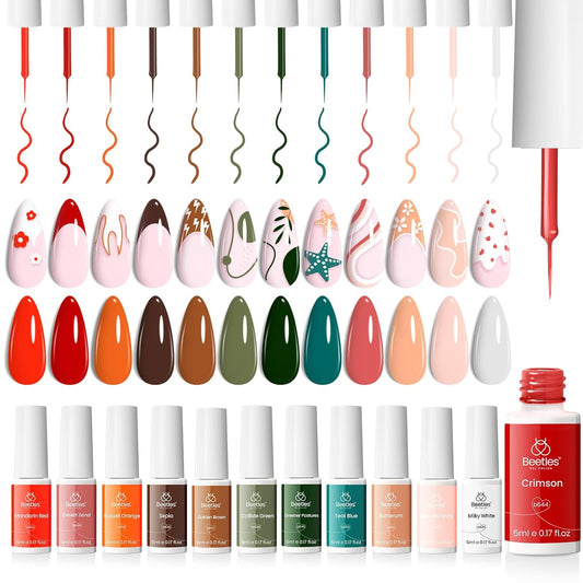 beetles Gel Polish 12 Pcs White Nude Red Green Gel Polish Paint Swirl Gel Nail Art Built Thin Brush in Bottle Soak off Uv Led Lamp Fall Gel Nail Polish-Velvo Beauty