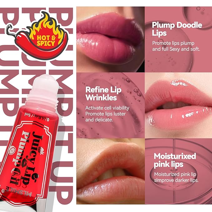 Roll On Plumping Lip Gloss, Spicy Lip Lip Oil, Lifter Gloss, Hydrating, Volumizes&High-Shine Lip Plumping Lip Glass Mirror Lip Glaze Lipstick, Plump& Pout Lip Plumper for Women Girls (#01)-Velvo Beauty