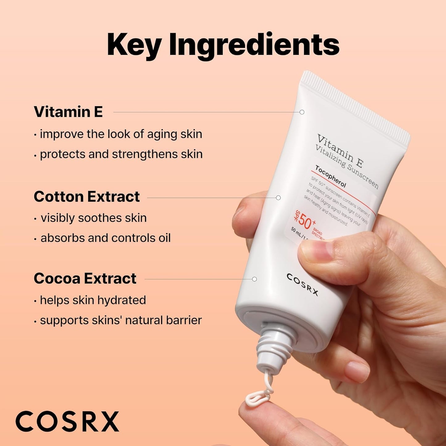 COSRX Vitamin E Vitalizing Face Sunscreen SPF 50, 1.69 fl oz, SPF Moisturizer, Lightweight under Makeup, Travel Essentials, Summer Essentials, Korean Skin Care, Korean Sunscreen for Face-Velvo Beauty