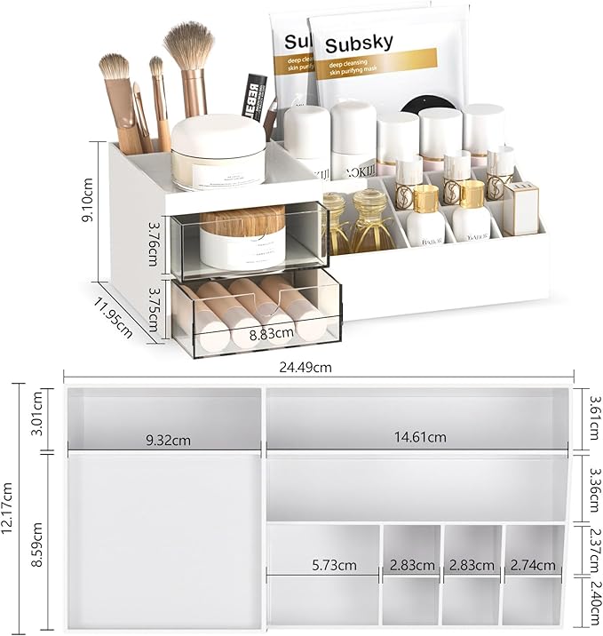 Subsky Makeup Organizer with Drawers, Easy Storage for Beauty Products Brushes, Multifunction Plastic Desk Organizer, Cosmetics Organizer for Countertop Dresser Vanity and Bathroom (White)-Velvo Beauty