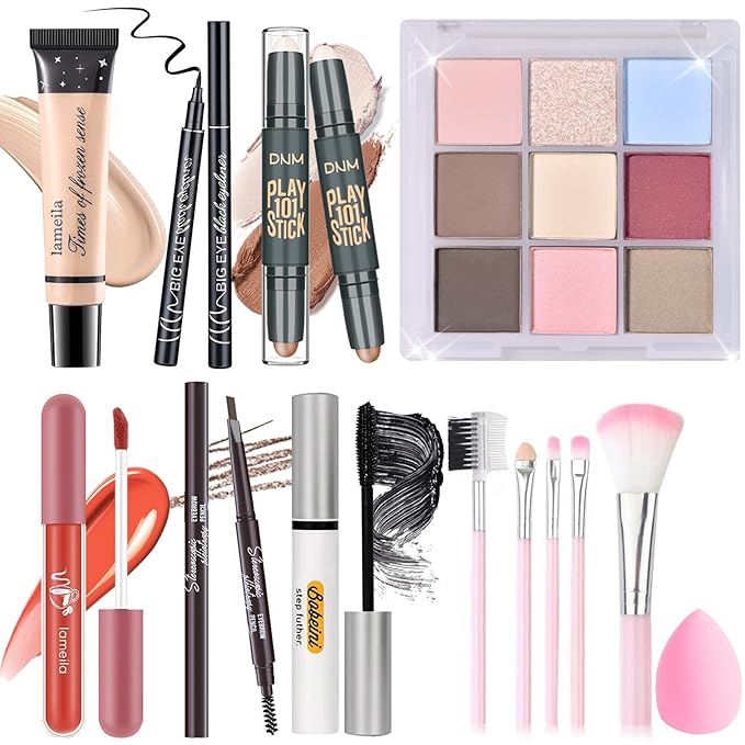 Makeup Set Kit for Women Girls Teens, Makeup Present Set, Includes 9 Color Eyeshadow, Counter Stick, Foundation, Eyebrow Pencil, Eyeliner, Mascara, Lip Gloss, 5Pcs Brushes, Sponge-Velvo Beauty