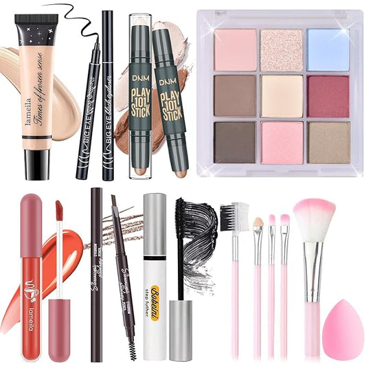 Makeup Set Kit for Women Girls Teens, Makeup Present Set, Includes 9 Color Eyeshadow, Counter Stick, Foundation, Eyebrow Pencil, Eyeliner, Mascara, Lip Gloss, 5Pcs Brushes, Sponge-Velvo Beauty