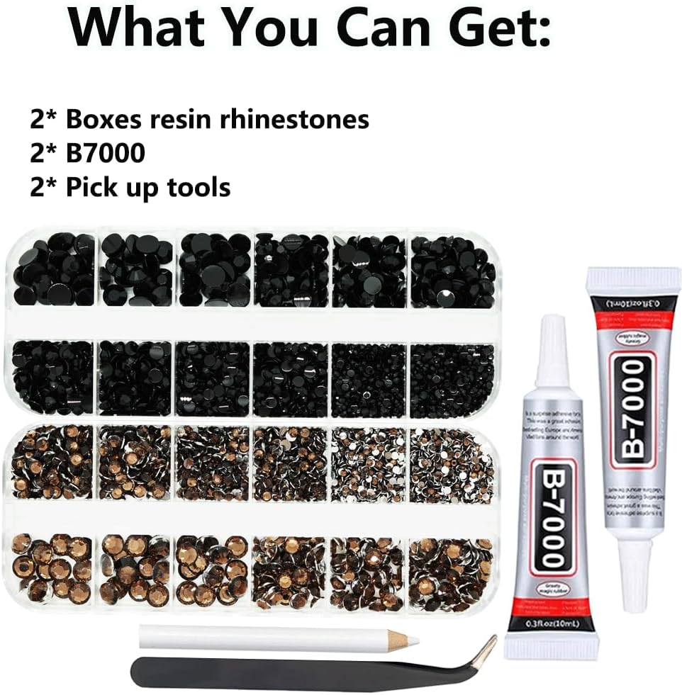 Black and Brown Rhinestones with Glue(S8-S30) for Bedazzling,2mm-6mm Non-Hotfix Flatback Nail Gems Beads with B7000, Resin Nail GemsStones Diamond Kit for Bedazzle Crafting, Nails DIY Art Decoration-Velvo Beauty
