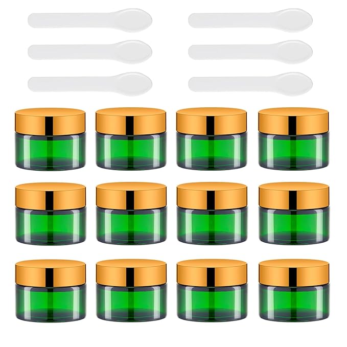Lil Ray 1 oz Round Green Glass Jar with Inner Liners and Gold Lid (12pcs)-Velvo Beauty