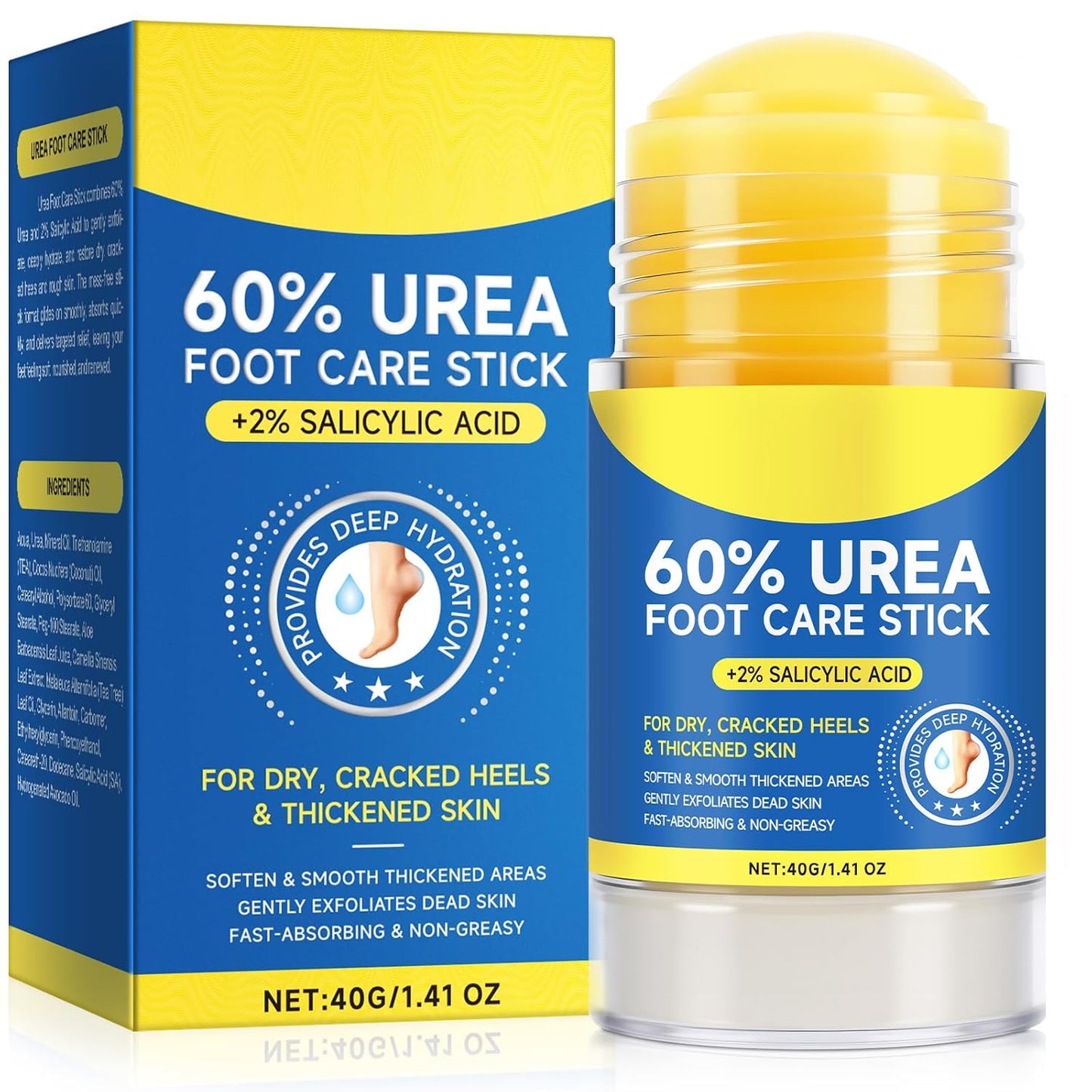 60% Urea with 2% Salicylic Acid Urea Foot Care Stick, Foot Cream Moisturizer for Dry Cracked Feet, Knees, Elbows, Hands,Moisturizes and Hydrates the Dry Skin,Callus Remover & Skin Softener -1.41oz-Velvo Beauty