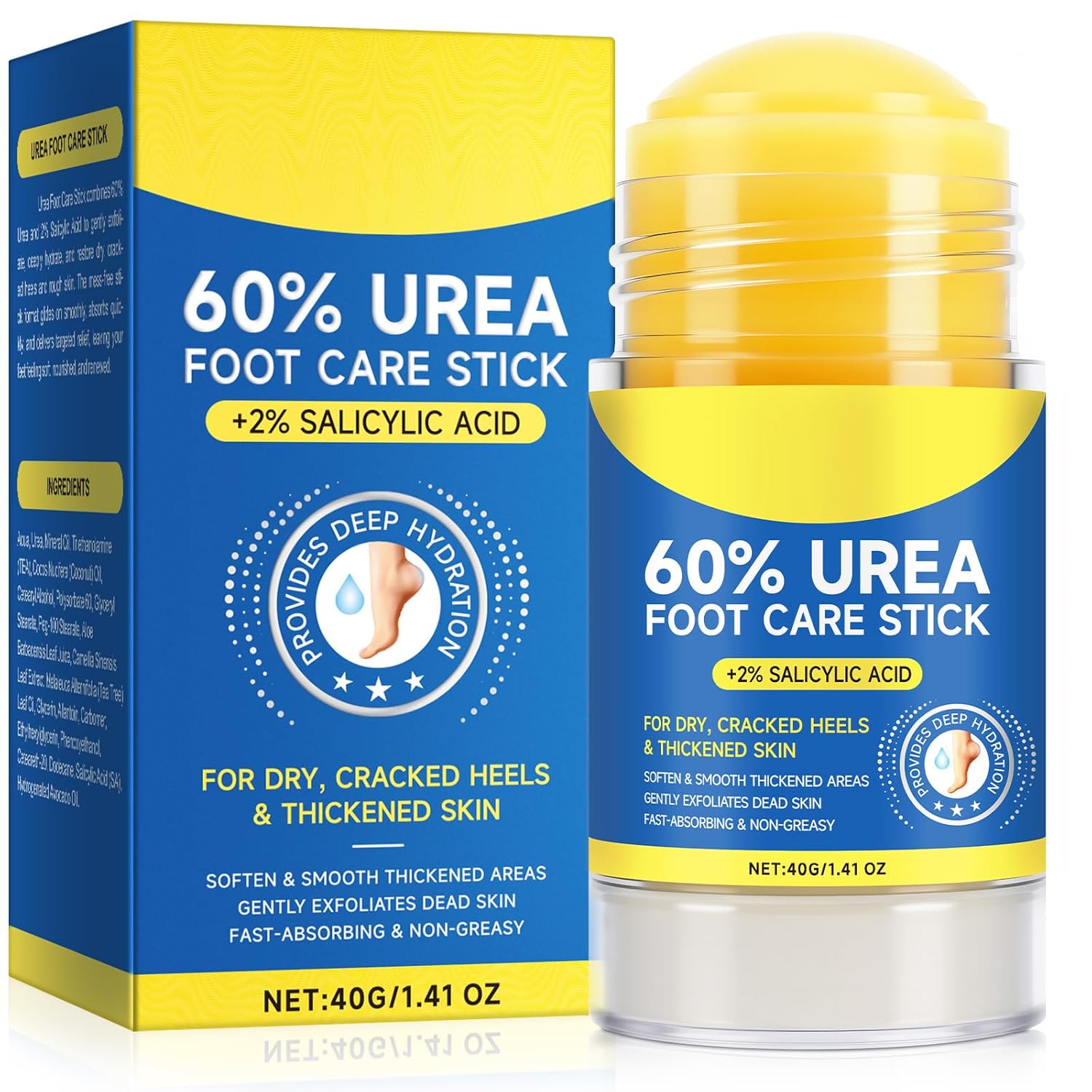 60% Urea with 2% Salicylic Acid Urea Foot Care Stick, Foot Cream Moisturizer for Dry Cracked Feet, Knees, Elbows, Hands,Moisturizes and Hydrates the Dry Skin,Callus Remover & Skin Softener -1.41oz-Velvo Beauty
