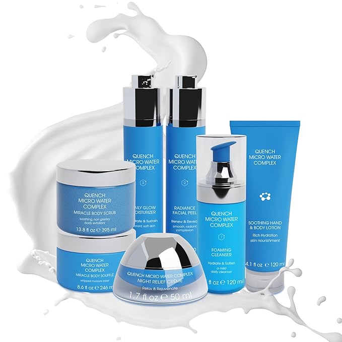 Quench 7 Piece Skincare Set - Japanese Onsen Volcanic Hydration and Anti Aging Skin Care Set with Cleanser, Facial Peel, Moisturizer, Night Cream-Velvo Beauty
