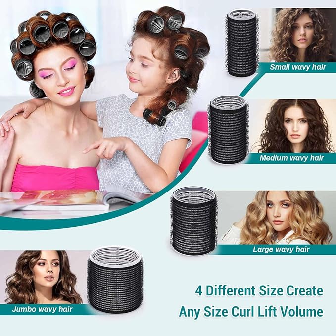 Acejoz Hair Rollers for Blowout Look, 38 Pcs Self Grip Hair Rollers Set with 4 Sizes, 12 Pcs Hair Clips, Comb and Storage Bag for Hair Volume (Black)-Velvo Beauty