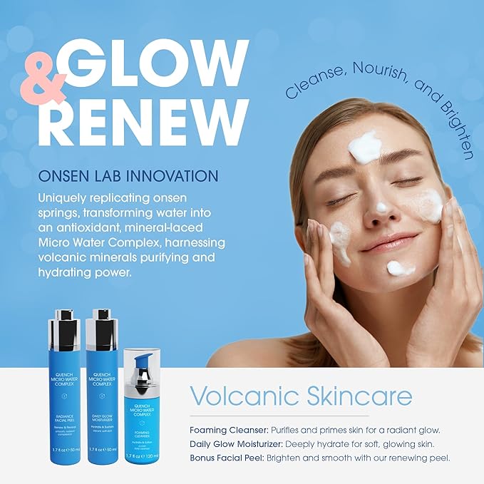Quench 7 Piece Skincare Set - Japanese Onsen Volcanic Hydration and Anti Aging Skin Care Set with Cleanser, Facial Peel, Moisturizer, Night Cream-Velvo Beauty