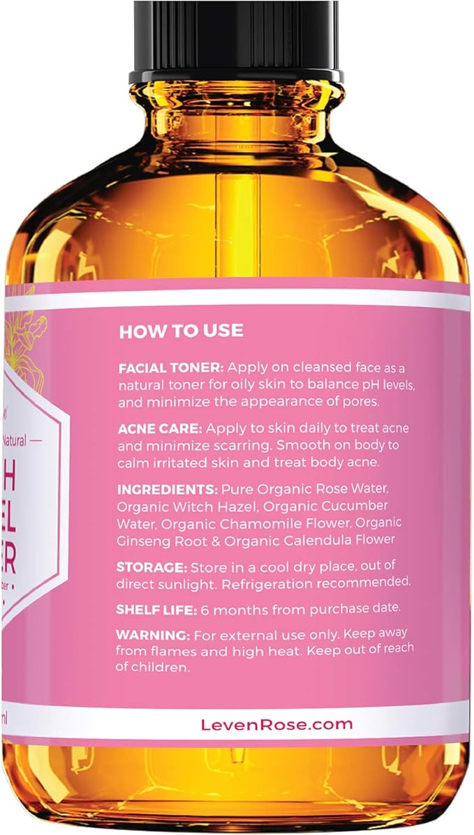Witch Hazel Alcohol Free Toner by Leven Rose, 100% Pure Organic Facial Rose Water with Rose Petals, Calendula, Cucumber, and Chamomile Flower 4 oz-Velvo Beauty