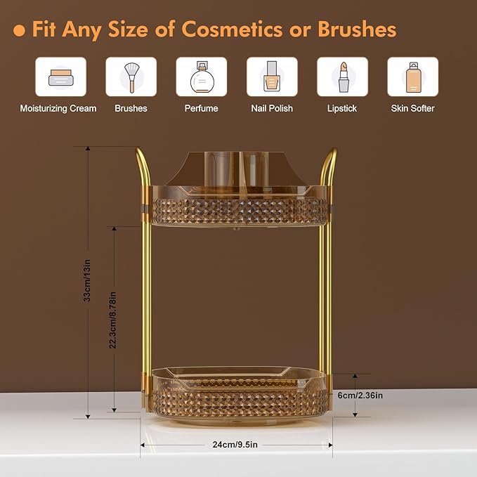 Awenia Rotating Makeup Organizer 360, Stackable Adjustable Large Capacity Cosmetic Storage Unit,Dresser Bathroom Kitchen Countertop Organizer with Metal Handle, Plus Size (Honorable Gold, 2 Tier)-Velvo Beauty