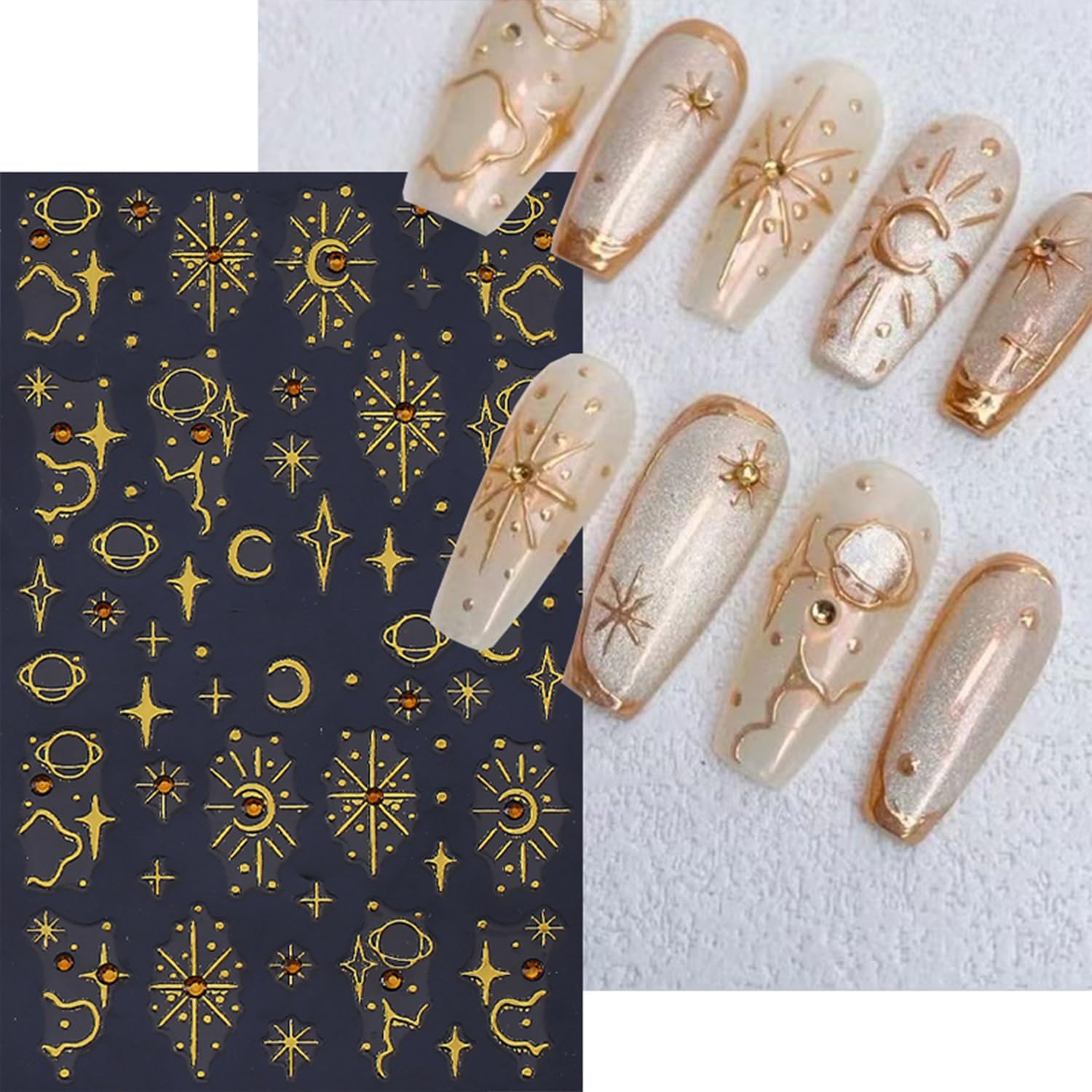 5 Sheets Metallic Gold Nail Art Stickers 3D Self-Adhesive Nails Stickers Bohemian Sun Moon Hexagram 3D Decal Supplies Women DIY Gold Metal Nail Art Decoration-Velvo Beauty