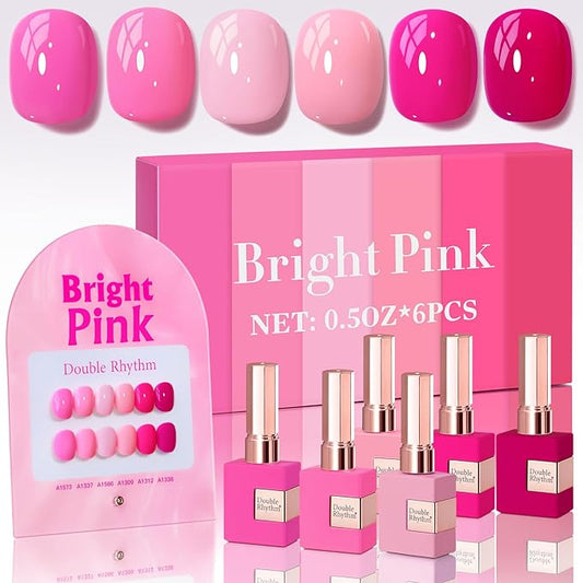Double Rhythm 6 Pcs 15 ML Gel Polish Set Same Color Same Bottle Soak Off Gel Polish Kit Nail Art Manicure Salon DIY at Home for Women (Bright Neon Light Pink Purple-T6-13)-Velvo Beauty