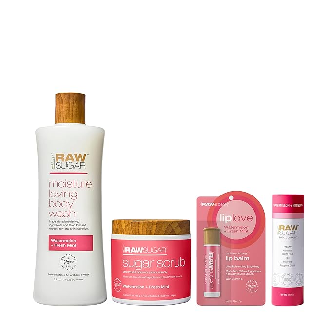 Raw Sugar Watermelon + Fresh Mint Nourishing Body Love Bundle - Body Wash, Body Scrub, Lip Balm & Deodorant, Clean, Made with Plant-Derived Ingredients, Formulated without Sulfates and Parabens-Velvo Beauty