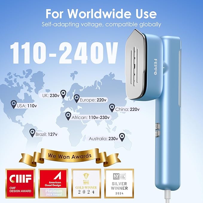 FEPPO Travel Steamer for Clothes, 110-240V Dual Voltage Portable Mini Steamer & Iron 2in1, 1100W Powerful Garment Steamer, Fast Heat Up, Travel Size, HD Display, for Home & Global & Europe Travel-Velvo Beauty