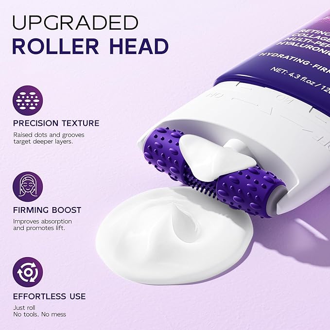 Firming Neck & Décolleté Cream with Retinol, AH-8 Hexapeptide, Collagen & Squalane – Instant Face Lift Cream for Wrinkles, Tightening & Crepey Skin – Neck Firming cream with Massage Roller – 4.3 fl oz-Velvo Beauty