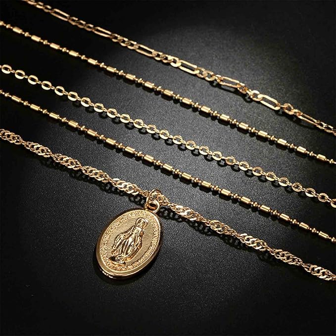 Boho Layered Oval Coin Necklace Choker Gold Virgin Mary Necklace Figaro Chain Necklace Vintage Multilayer Necklace Chain Jewelry for Women and Girls-Velvo Beauty