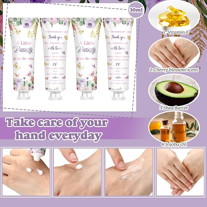 50 Sets 200 Pcs Baby Shower Hand Lotion and Lip Balm Gift Theme Baby Shower Party Favors Travel Size Hand Lotion and Lip Balm Bulk with Organza Bags Tags(Butterfly)-Velvo Beauty