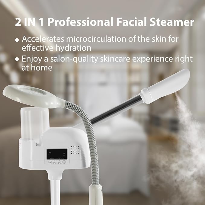 Professional Facial Steamer 2 in1 Steamer for Face 5X LED Magnifying Lamp Facial Steamer for Esthetician Beauty Face Equipment Use at Home or Salon（White）-Velvo Beauty