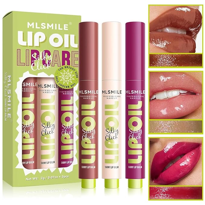3 Colors Fat Lip Oil Click Slick, Moisturizing and Long-lasting Lip Balm, Non-stick and High Pigment Lip Glow Oil, Lightweight Lip Plumper with Coconut Oil (Set: B)-Velvo Beauty