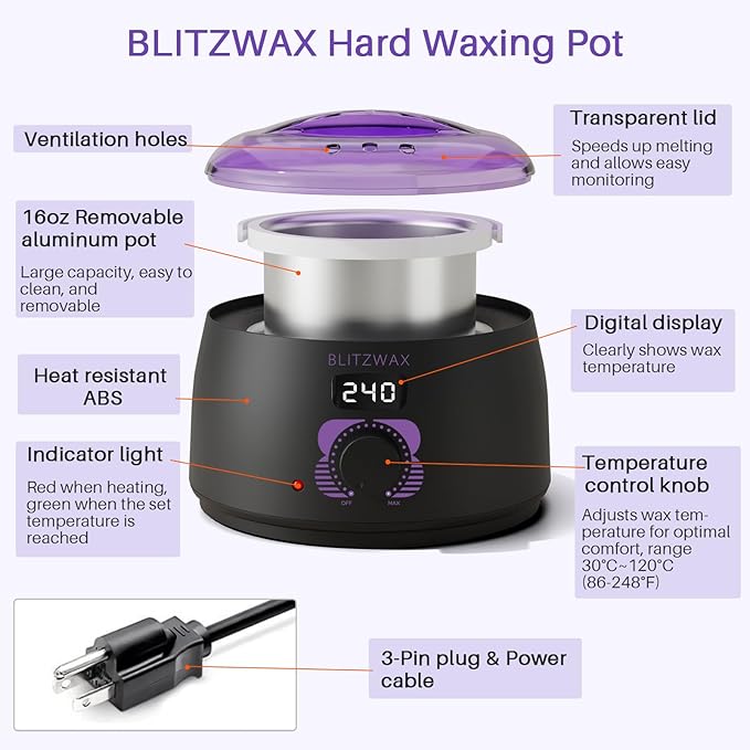 BLITZWAX Brazilian and Bikini Wax Pot for Women, Hard Waxing Warmer for Face, Legs and Body, At Home Hair Removal Machine, Beginner Friendly, Digital Fast Heating, 16oz Capacity-Velvo Beauty