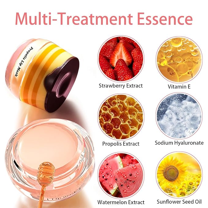 3 Pcs Honey Lip Balm, Bee Lip Balm Honey Pot,Moisturizing Lip Mask Overnight,Hydrate Repair Prevent Dry Cracked Lip Care (Honey+Strawberry+Watermelon)-Velvo Beauty