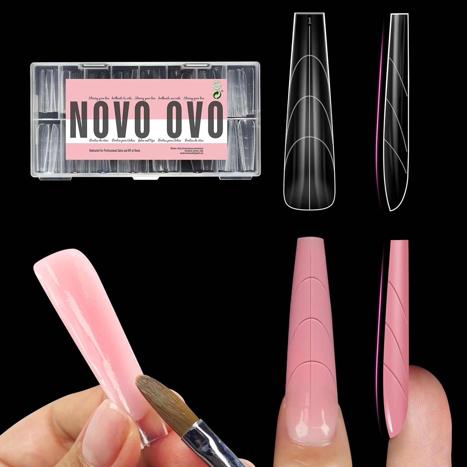 Tapered Square (Natural not Sculpted) Nail Dual Forms for Poly Gel Extension with Guiding Line Inside, XL XXL Reusable Full Cover Acrylic Builder Hard Gel Polygel Molds x 15 sizes 150 Pcs-Velvo Beauty