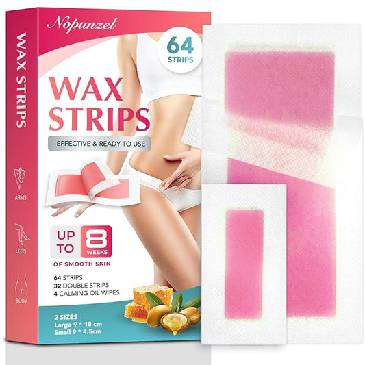Wax Strips: 64 Waxing Strips - Hair Removal Wax - Brazilian Waxing - Waxing Kit for Women - Body Legs Arms Chest Bikini Back - Wax Kit At Home for Hair Removal - 2 sizes - 4 Calming Oil Wipes-Velvo Beauty