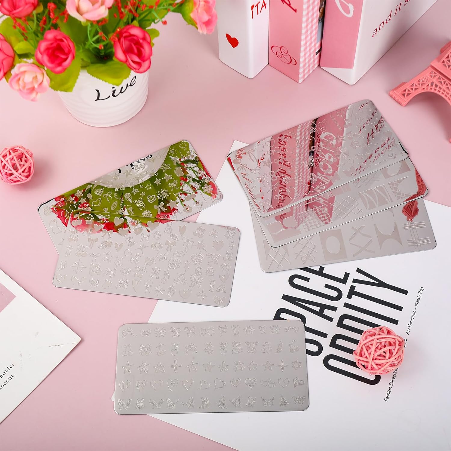 Whaline 6Pcs Coquette Nail Plates Stamping Set Bow Cherry Heart Stamp Templates Nail Art Plates for DIY Print Manicure Salon Design-Velvo Beauty