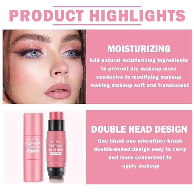 Cream Blush Stick with Brush,Waterproof Blush Makeup,Long Lasting 3 In 1 Cheek Blush & Lip Tint & Eye Shadow Makeup Stick,Easy To Use Blends Effortlessly,Cream Blush Makeup for All Skin Tones - Cherry Pink-Velvo Beauty