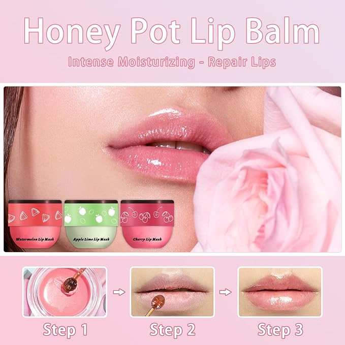3 Pcs Bee Lip Balm Honey Pot, Cherry Watermelon Apple Lip Mask Overnight, Moisturizing Lip Sleeping Mask, Hydrate Repair Prevent Dry Cracked Lip Exfoliator Lip Care (Cherry+Watermelon+Apple Lime)-Velvo Beauty