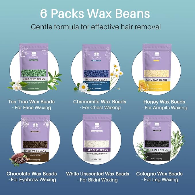 BLITZWAX Back and Nose Waxing Kit for Men, Hard Wax Warmer for Brazilian, Body and Face, At Home Hair Removal Kit, Beginner Friendly, Quick Heating, 93 Accessories, Blue Waves-Velvo Beauty