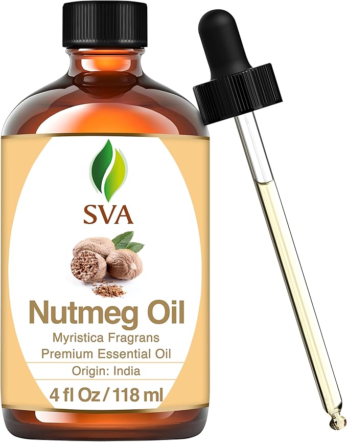 SVA Nutmeg Essential Oil – 4 Fl Oz – 100% Natural Nutmeg Oil - for Diffuser, Hair Care, Face, Skin Care, Aromatherapy, Scalp and Body Massage, Soap and Candle Making – with Dropper-Velvo Beauty