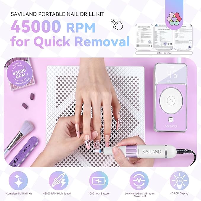 SAVILAND SSPro X-Drill Nail Drill Professional: 45000 RPM Quick Removal for Acrylic Nails Electric Nail File 3000 mAh Nail Drill Kit Portable EFile with Ceramic Bits Sanding Bands Nail Tech Salon-Velvo Beauty