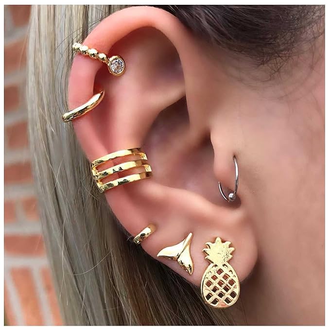 Bohemia Pineapple Mermaid Tail Studs Earrings Gold Wide Cuff Earrings Fake Helix Ear Cuff Earrings Gold Cartilage Clip on Wrap Earrings Non pierced Multiple Earrings Set Set for Women and Girls-Velvo Beauty