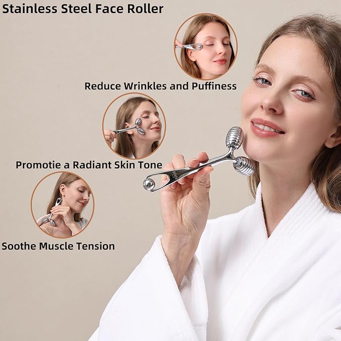 Stainless Steel Face Roller - Metal Facial Cooling Massager for Face and Eyes, Esthetician Supplies Cold Roller for Puffiness, Wrinkles, Dark Circles-Velvo Beauty